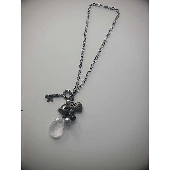 Vintage Necklace Chain Charm Pendants Clear Key Heart Beaded Cluster Jewelry - Picture 10 of 10
